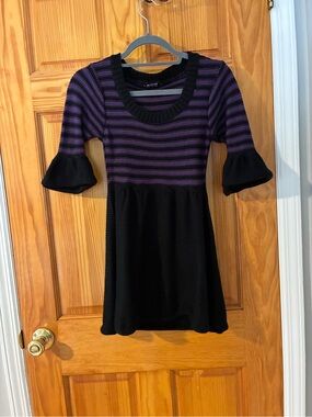 Morgan de Toi Black and Purple Striped Knit A-Line Dress